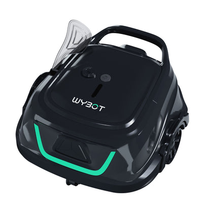 Main view of the WYBOT A1 Cordless Robotic Pool Cleaner in black and green showing the dual-motor intake and handle.