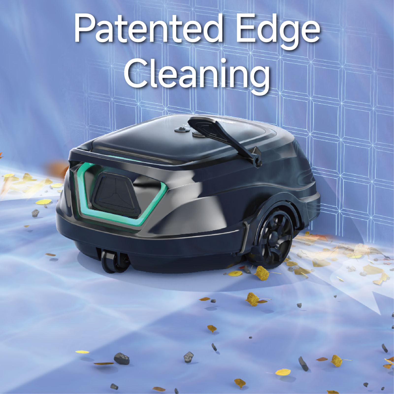 Infographic of the WYBOT A1 robotic pool cleaner demonstrating its patented edge cleaning technology on a blue tiled pool floor.