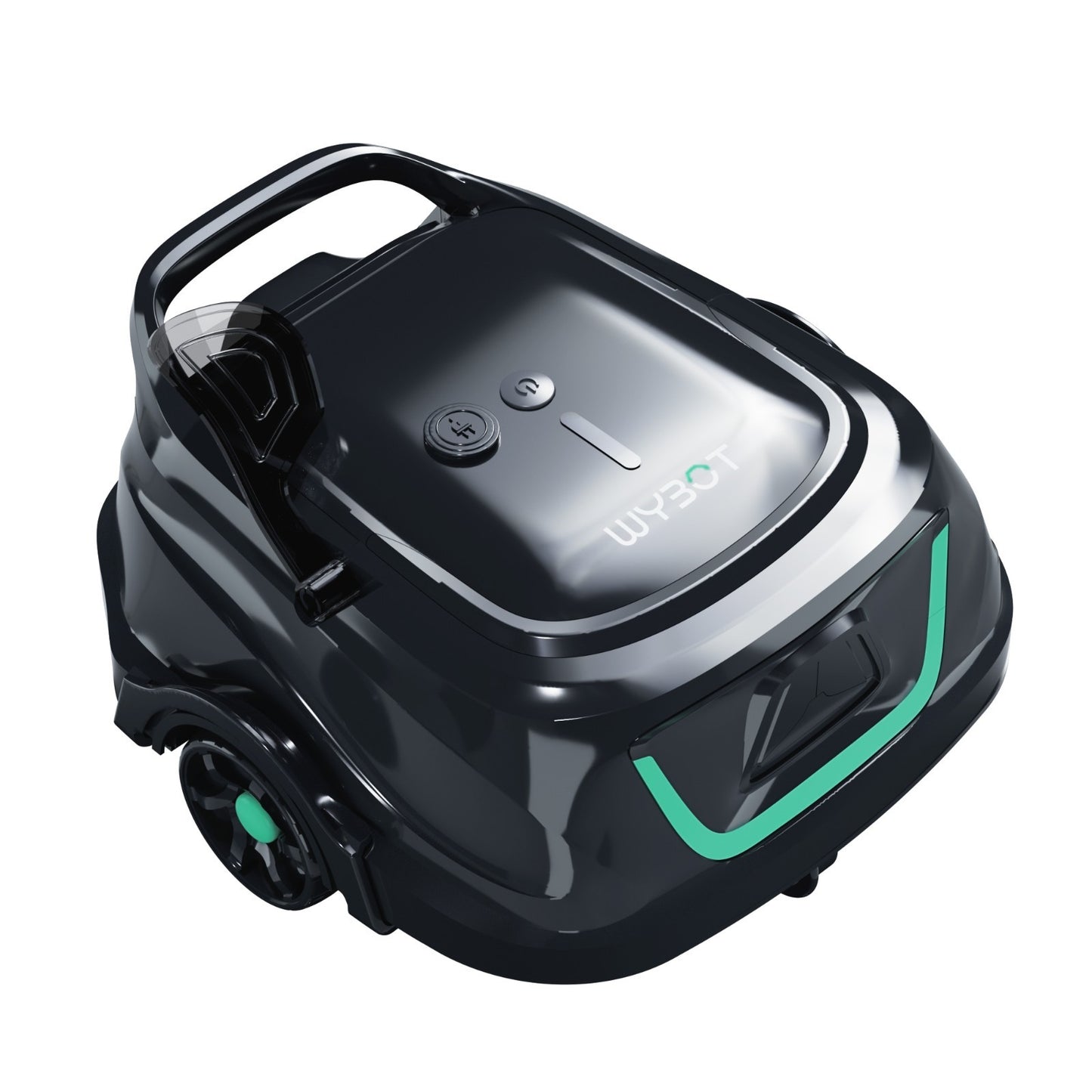 Top-down angle of the WYBOT A1 robotic pool cleaner showing the ergonomic handle and integrated power buttons.