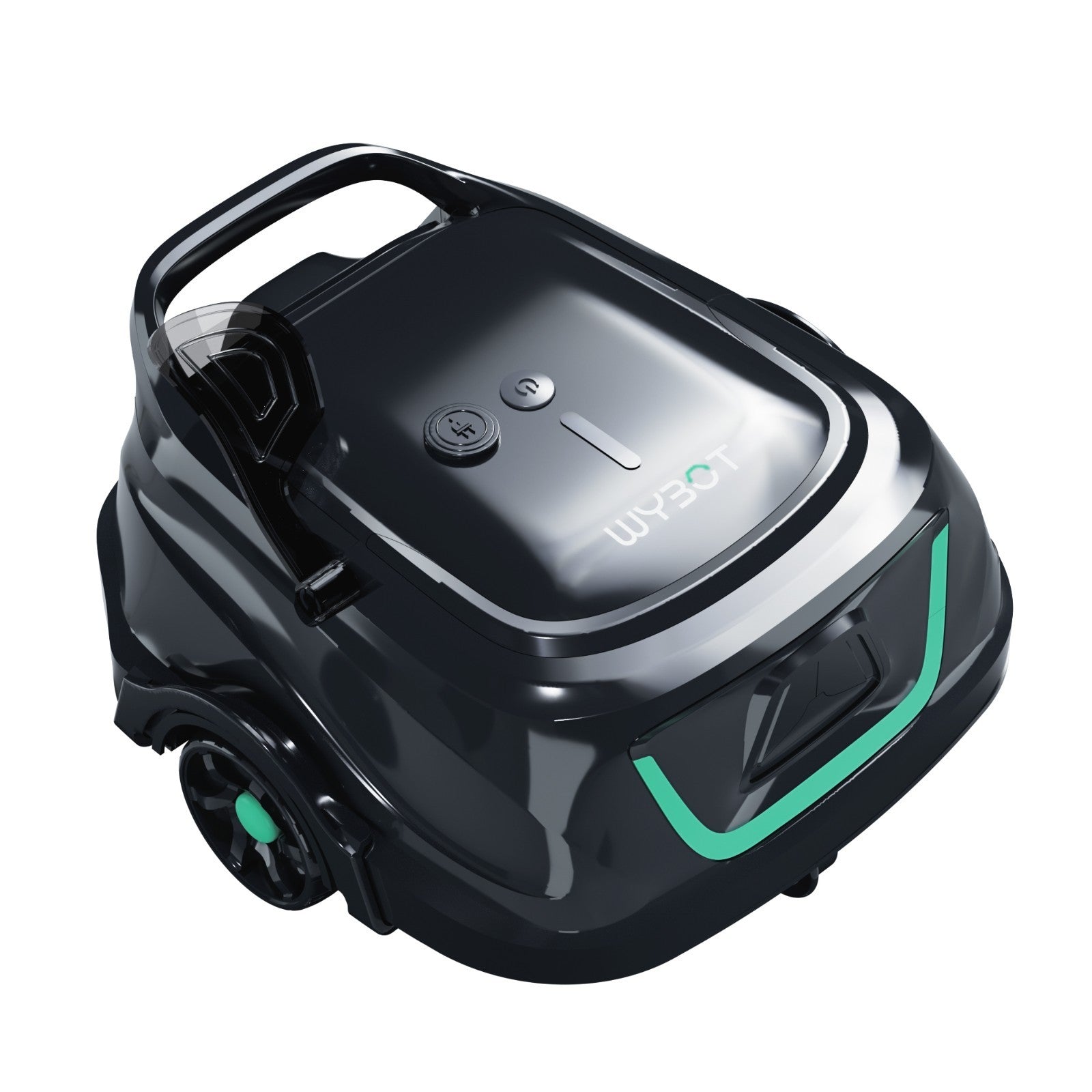 Top-down angle of the WYBOT A1 robotic pool cleaner showing the ergonomic handle and integrated power buttons.