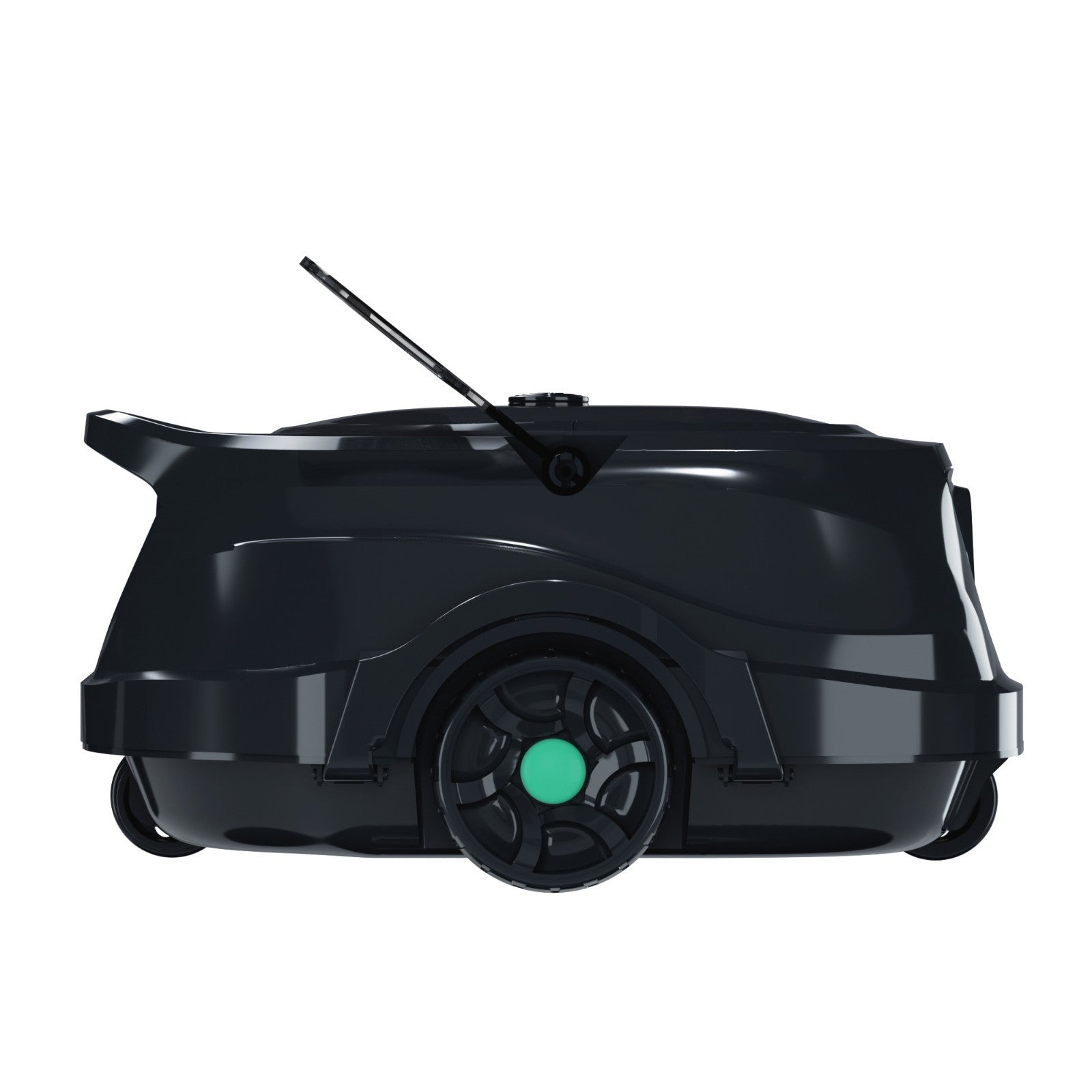 Side view of the WYBOT A1 robotic pool cleaner showing the high-traction wheels and the antenna hook for easy pool retrieval.