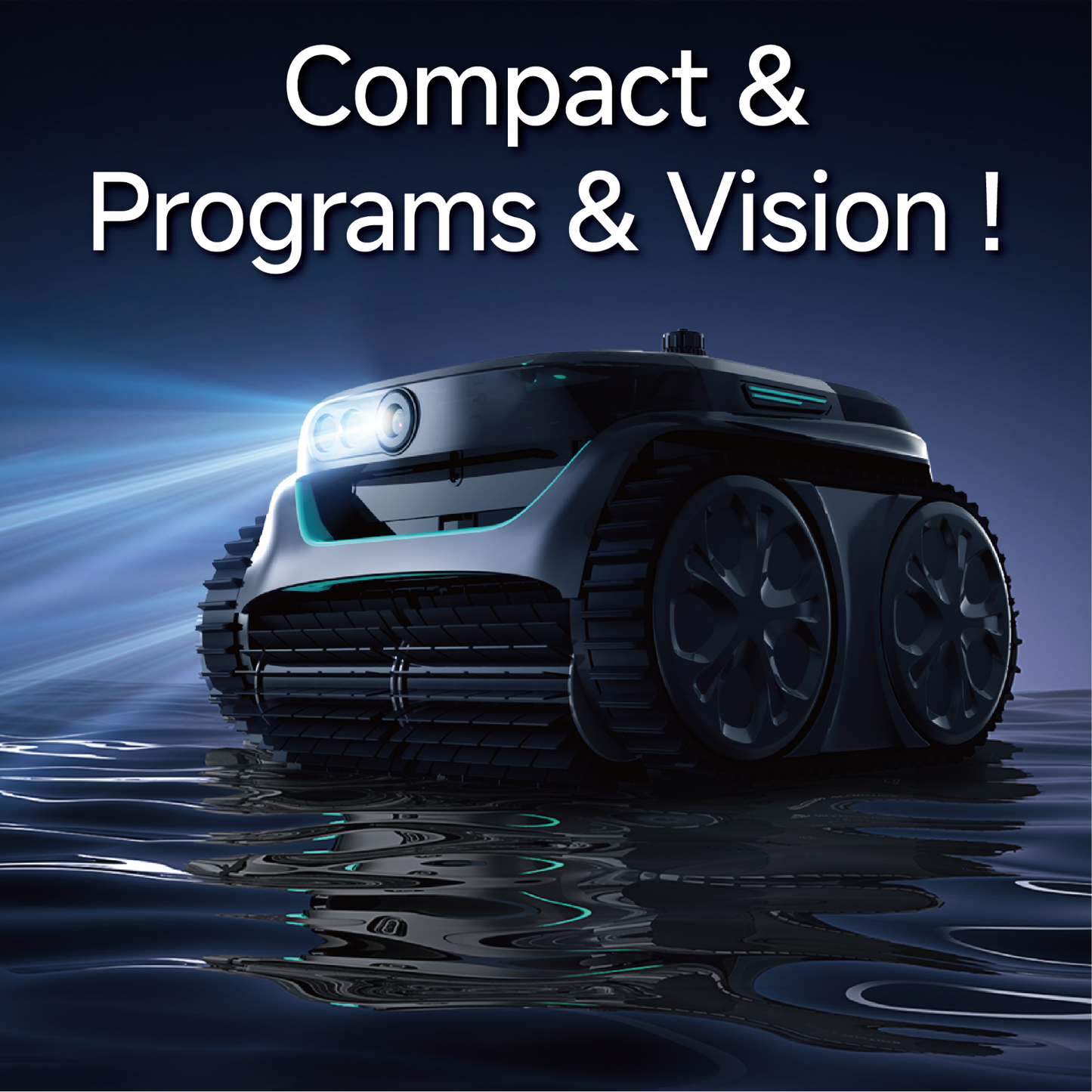 WYBOT C2 Vision cordless robotic pool cleaner highlighting its compact design, smart programming, and AI vision technology.