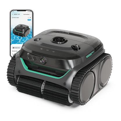 WYBOT C2 Vision cordless robotic pool cleaner showing the front AI camera and smartphone app interface for smart path planning.