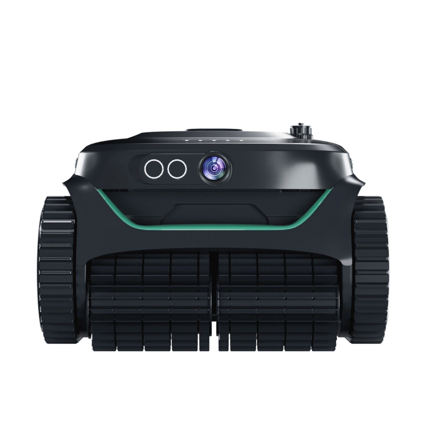 Front view of the WYBOT C2 Vision robotic pool cleaner showcasing the dual AI vision camera, sonar sensors, and heavy-duty front scrubbing brushes.