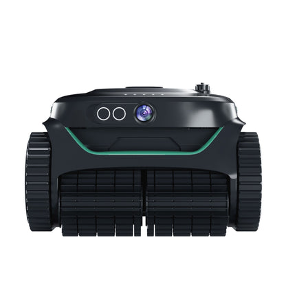 Front view of the WYBOT C2 Vision robotic pool cleaner showcasing the dual AI vision camera, sonar sensors, and heavy-duty front scrubbing brushes.