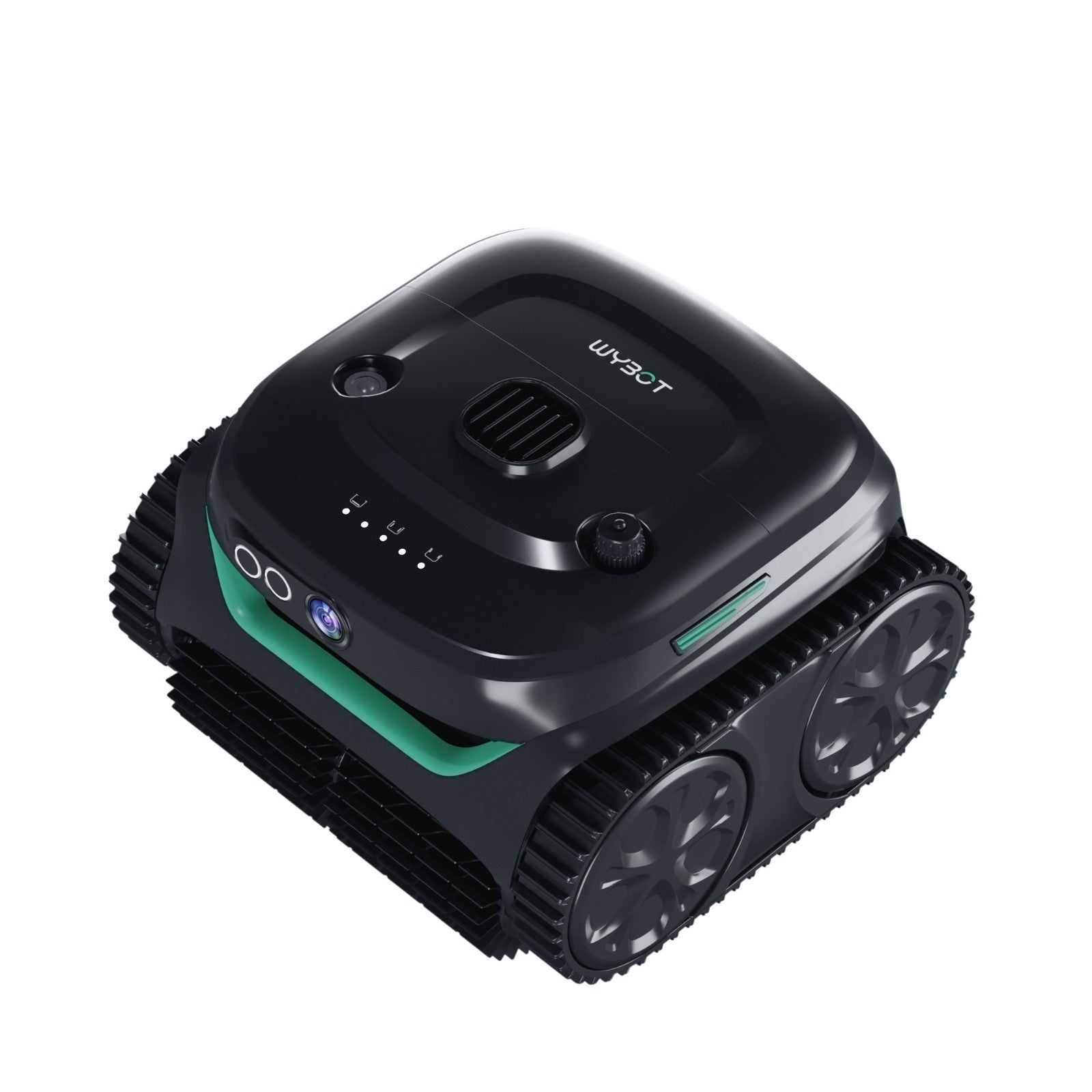 Isometric view of the WYBOT C2 Vision robotic pool cleaner highlighting the corner EdgeMaster sensors and high-traction tank treads.
