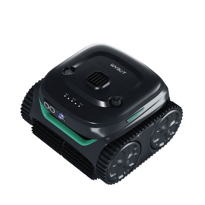 Isometric view of the WYBOT C2 Vision robotic pool cleaner highlighting the corner EdgeMaster sensors and high-traction tank treads.