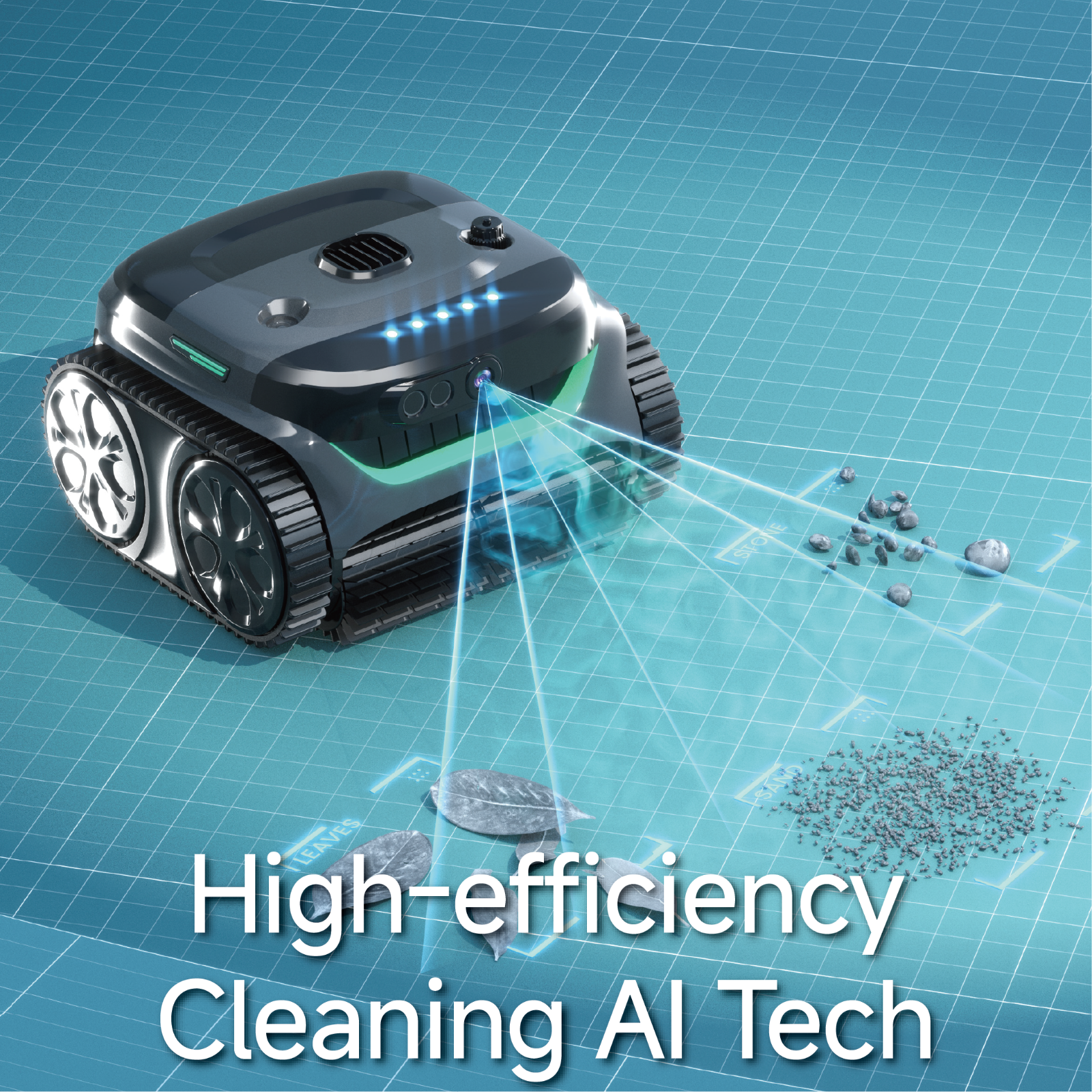 Infographic of the WYBOT C2 Vision robotic pool cleaner showcasing its high-efficiency AI cleaning technology and sonar sensors scanning for debris.