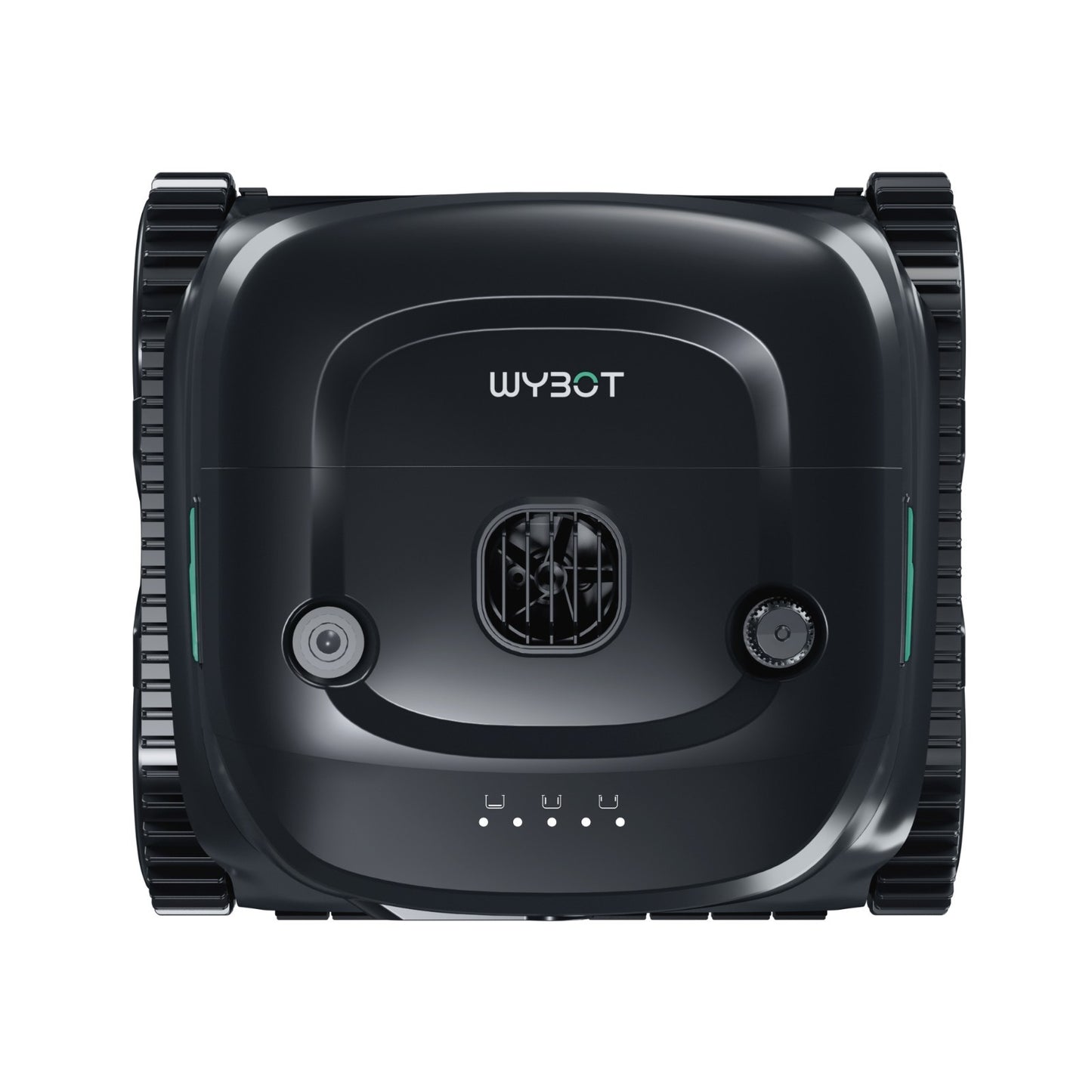 Top-down overhead view of the WYBOT C2 Vision robotic pool cleaner showing the black sleek chassis, branding, and five LED battery and status indicators.