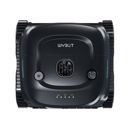 Top-down overhead view of the WYBOT C2 Vision robotic pool cleaner showing the black sleek chassis, branding, and five LED battery and status indicators.