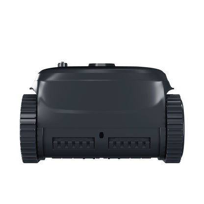 Rear perspective of the WYBOT C2 Vision robotic pool cleaner showcasing the high-traction tank treads and the sleek, durable rear housing.