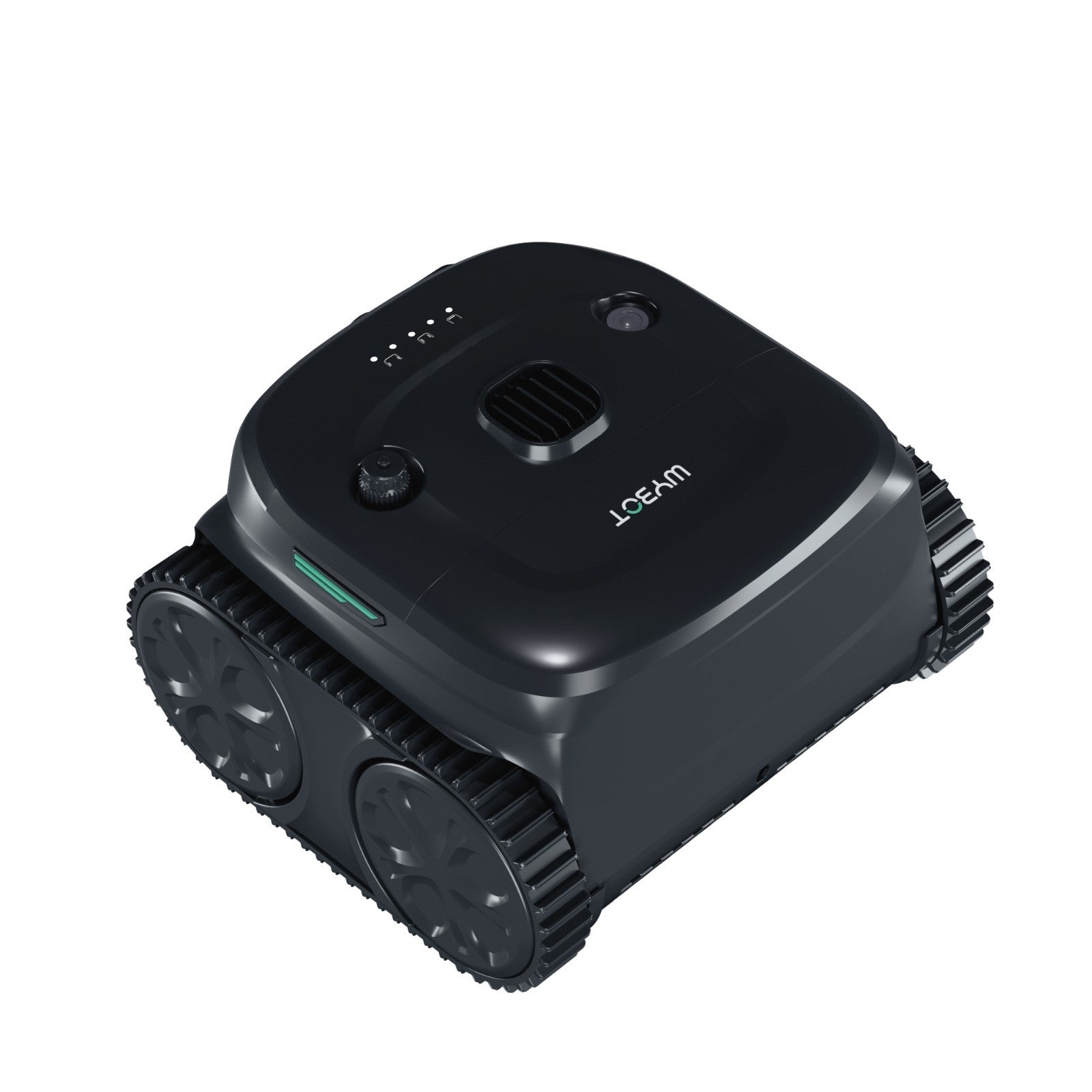 Rear view of the WYBOT C2 Vision robotic pool cleaner showing the large high-traction tank treads and the rear water drainage port.