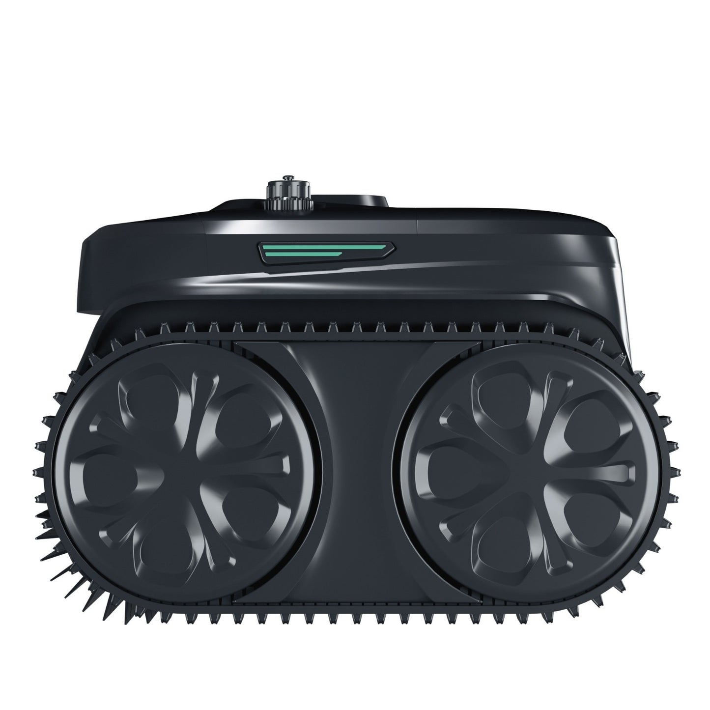 Side view of the WYBOT C2 Vision robotic pool cleaner showing the large high-traction drive wheels and streamlined aerodynamic chassis.