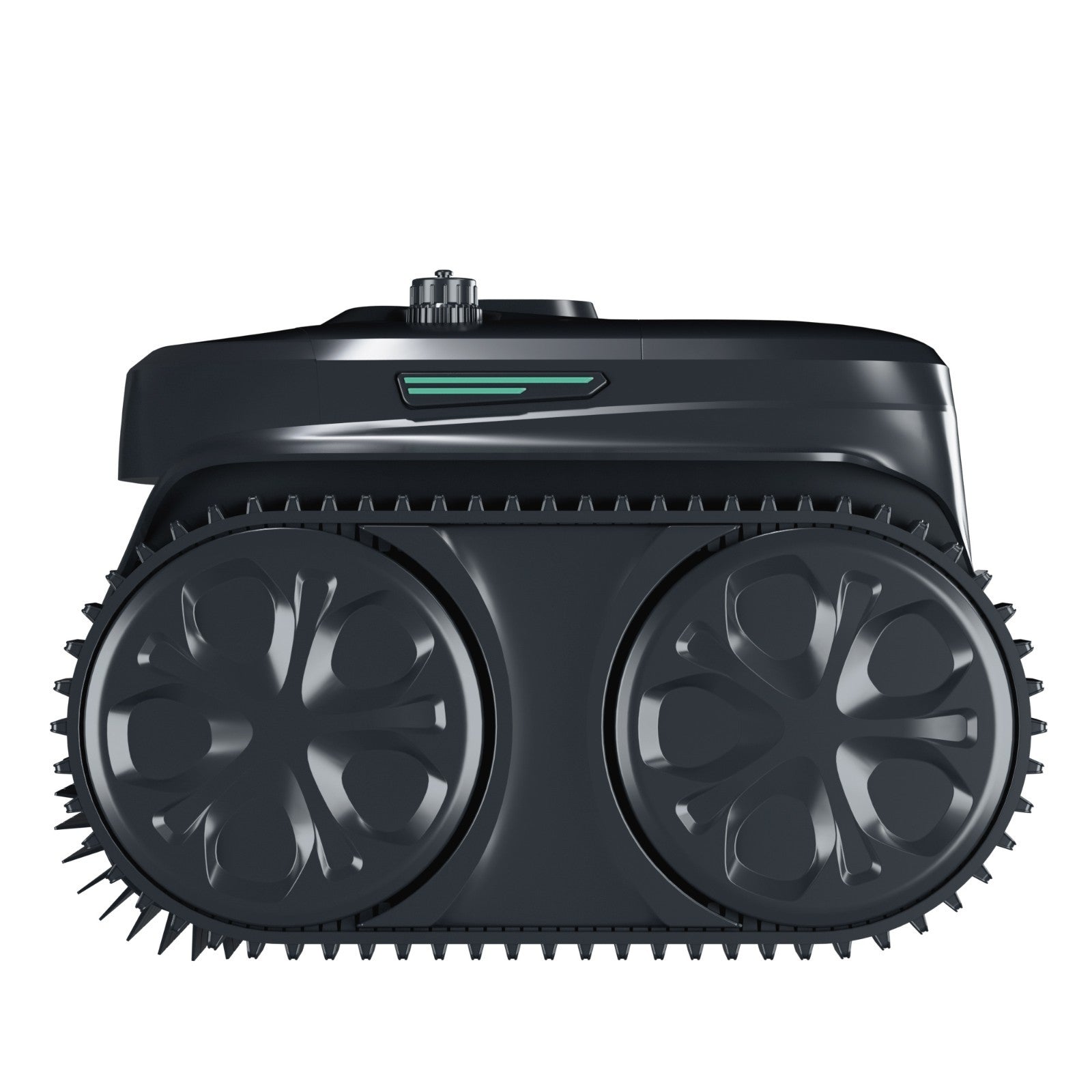 Side view of the WYBOT C2 Vision robotic pool cleaner showing the large high-traction drive wheels and streamlined aerodynamic chassis.