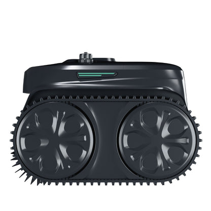 Side view of the WYBOT C2 Vision robotic pool cleaner showing the large high-traction drive wheels and streamlined aerodynamic chassis.