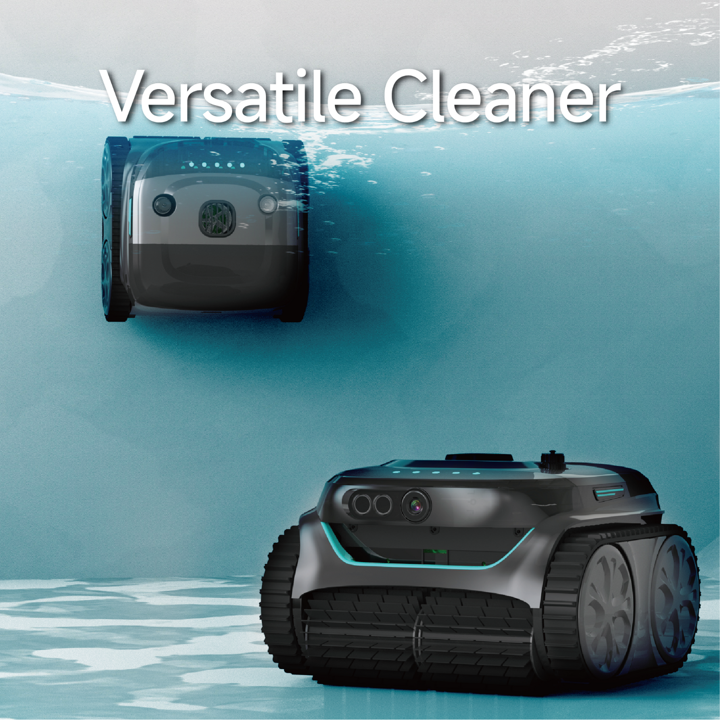WYBOT C2 Vision robotic pool cleaner shown in a split-view demonstrating its versatility for both underwater floor cleaning and surface waterline scrubbing.