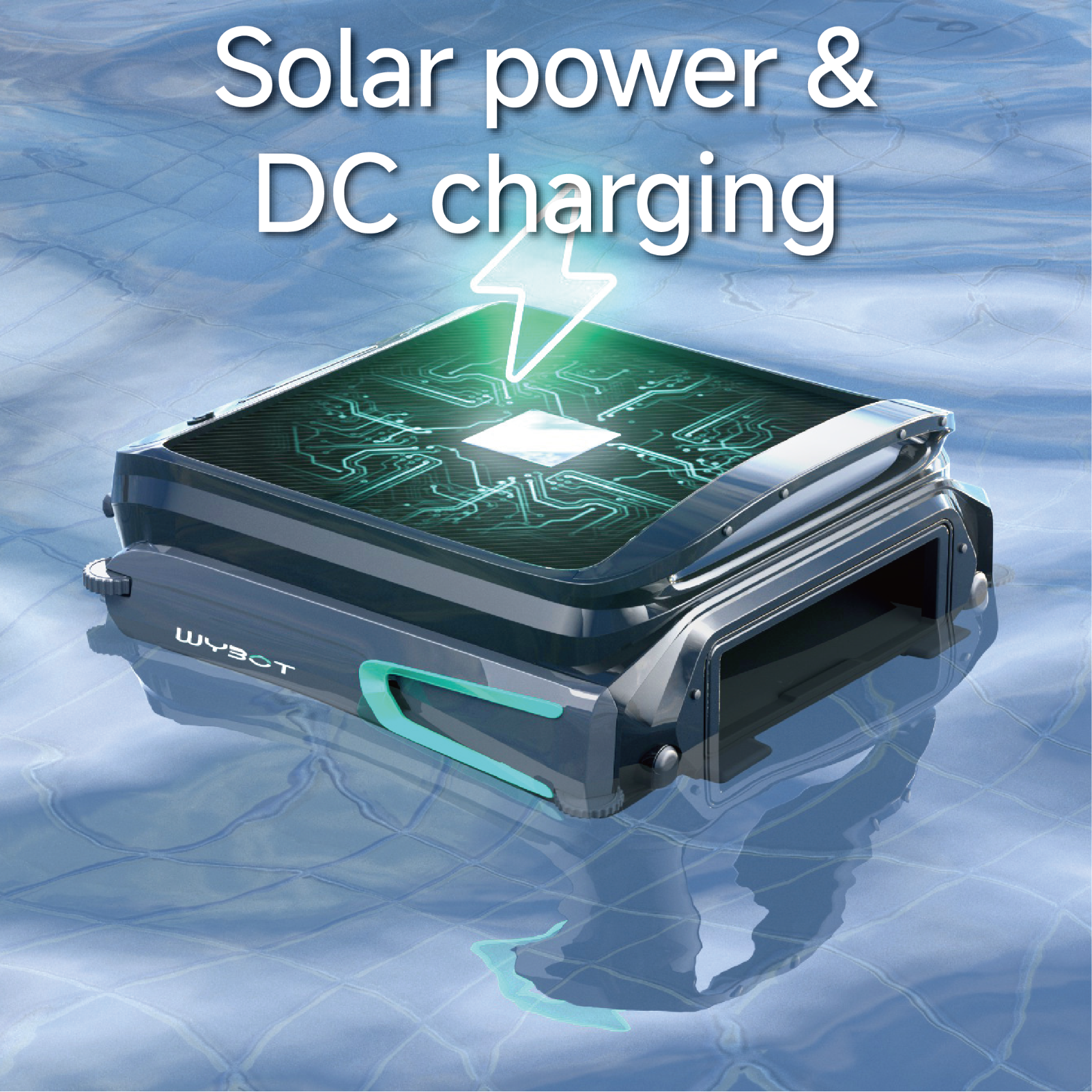Infographic of the WYBOT F1 solar-powered pool skimmer illustrating the dual charging system with 33W solar panels and DC charging port.