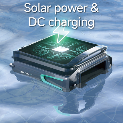 Infographic of the WYBOT F1 solar-powered pool skimmer illustrating the dual charging system with 33W solar panels and DC charging port.