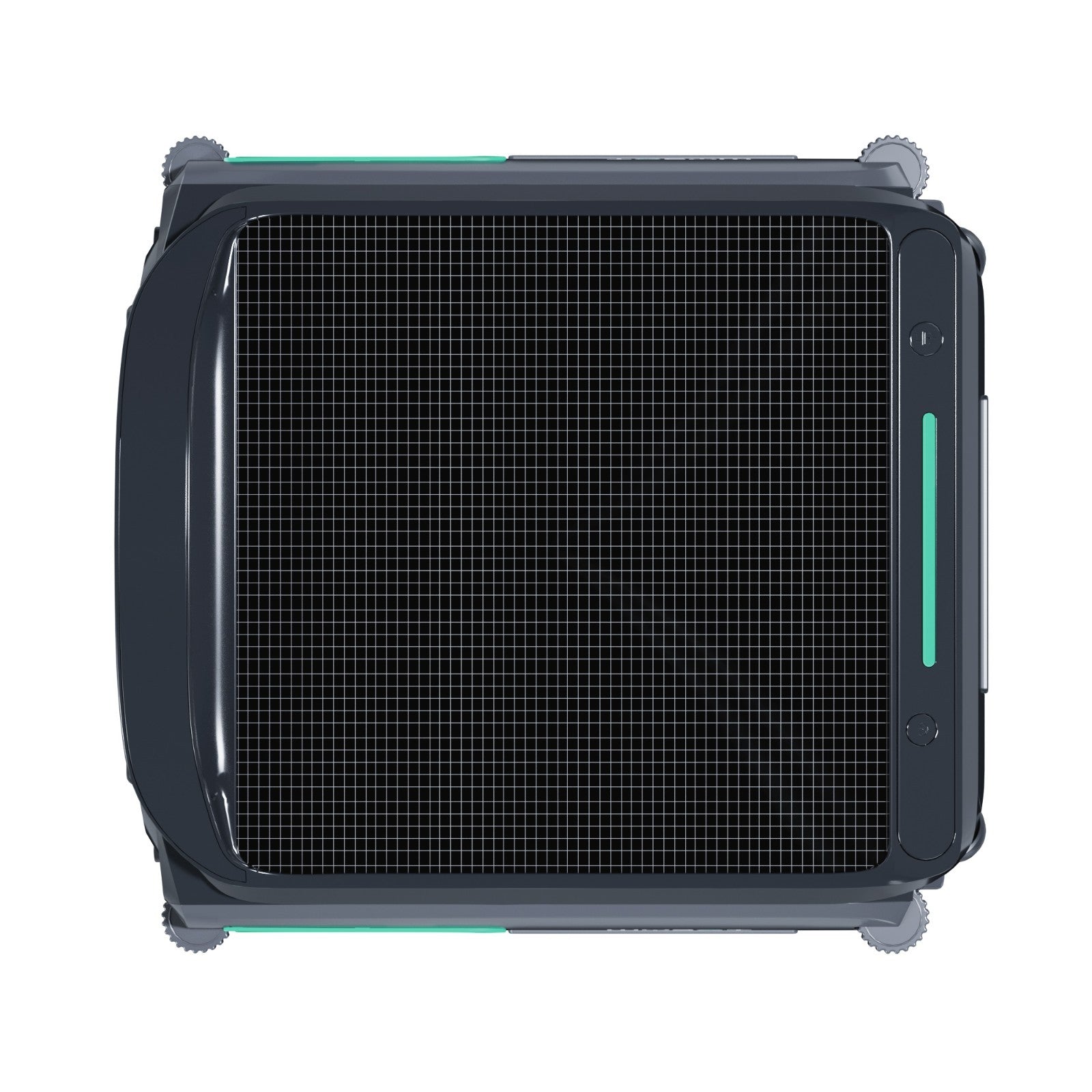 Direct overhead view of the WYBOT F1 solar robotic pool skimmer showing the high-efficiency solar grid and green LED power indicator.