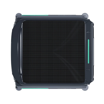 Direct overhead view of the WYBOT F1 solar robotic pool skimmer showing the high-efficiency solar grid and green LED power indicator.