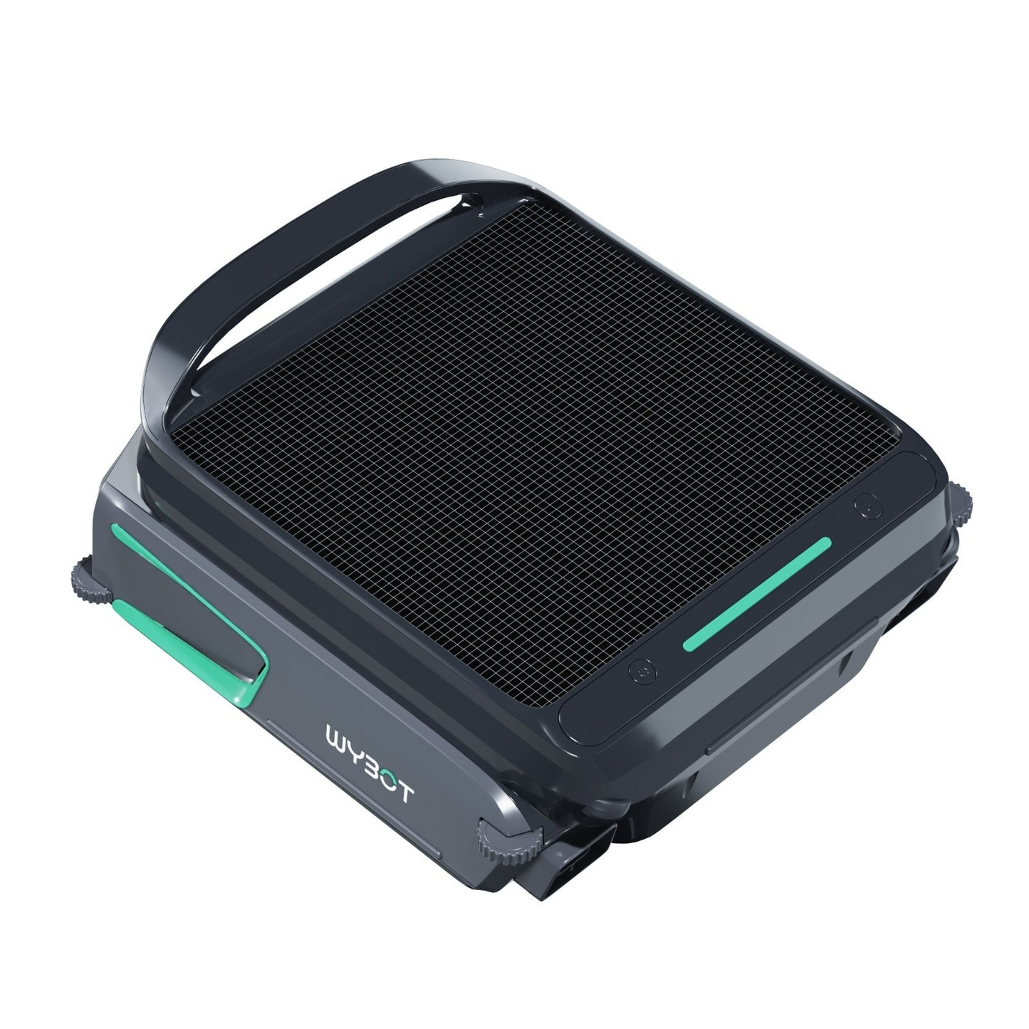 Top-down view of the WYBOT F1 robotic pool skimmer showing the high-efficiency solar panel array and integrated carrying handle.