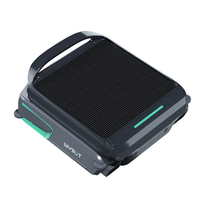 Top-down view of the WYBOT F1 robotic pool skimmer showing the high-efficiency solar panel array and integrated carrying handle.