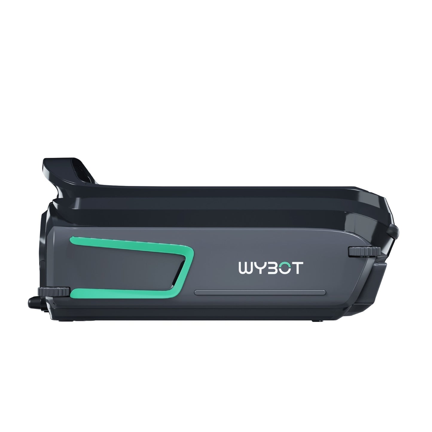 Side profile of the WYBOT F1 solar robotic pool skimmer showing the aerodynamic black body and green LED status indicator trim.