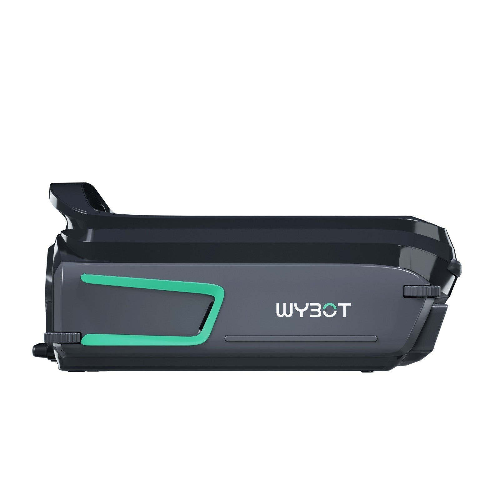 Side profile of the WYBOT F1 solar robotic pool skimmer showing the aerodynamic black body and green LED status indicator trim.