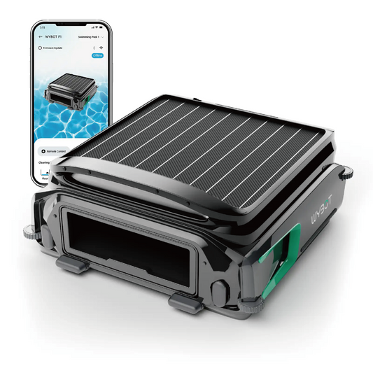WYBOT F1 solar-powered robotic pool skimmer shown with the smartphone app interface for remote control and monitoring.