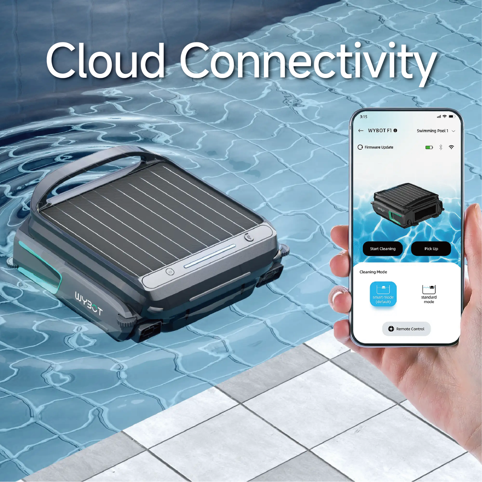 Infographic showing the WYBOT F1 robotic pool skimmer's cloud connectivity features and smartphone app interface for remote pool cleaning.