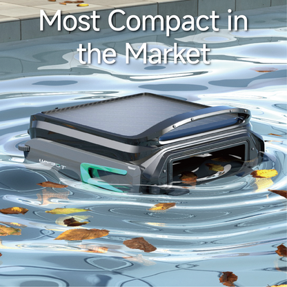 The WYBOT F1 robotic pool skimmer floating on the water surface, highlighting its compact design and efficient debris collection.