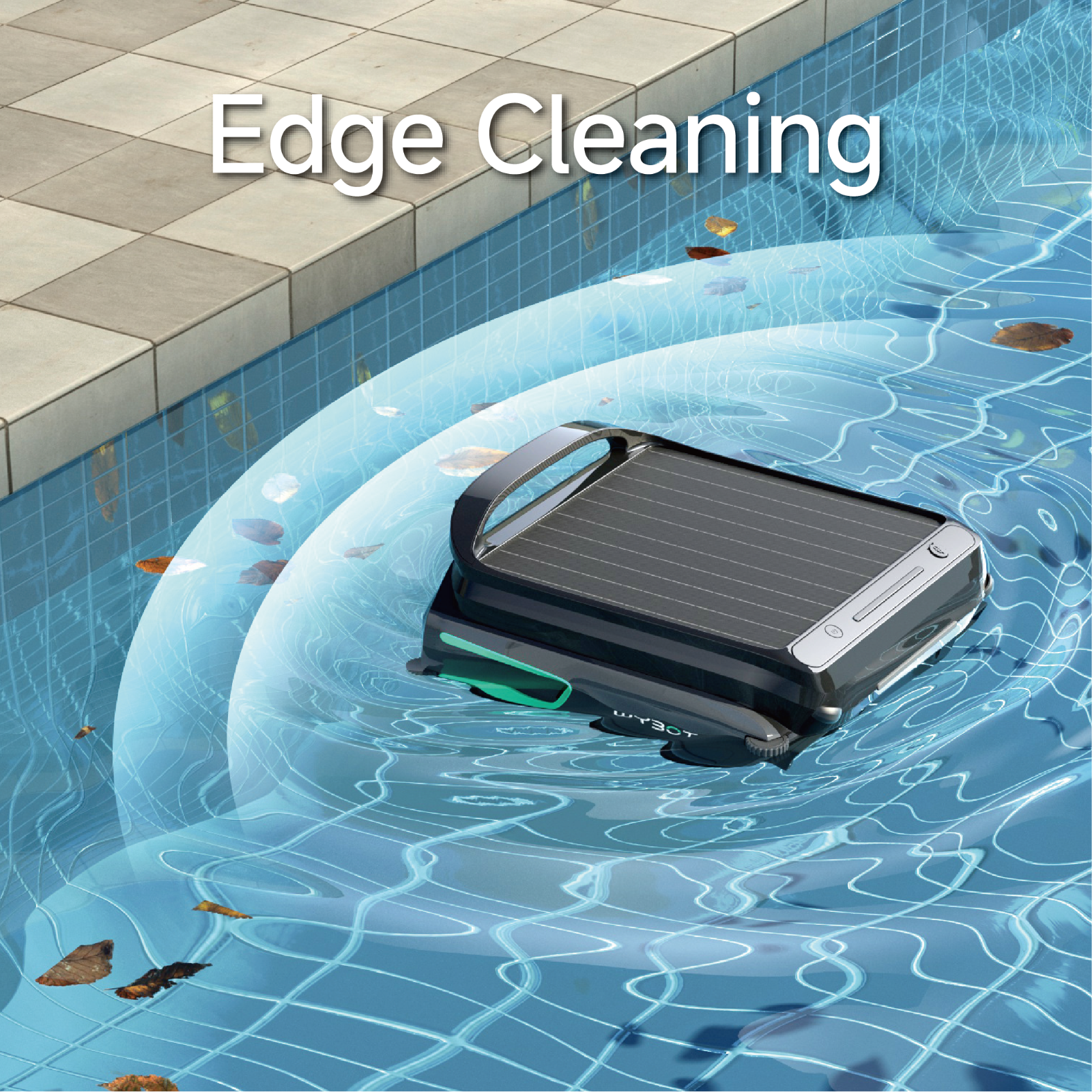 WYBOT F1 robotic pool skimmer using EdgeMaster technology to clean debris along the pool tile line and corners.