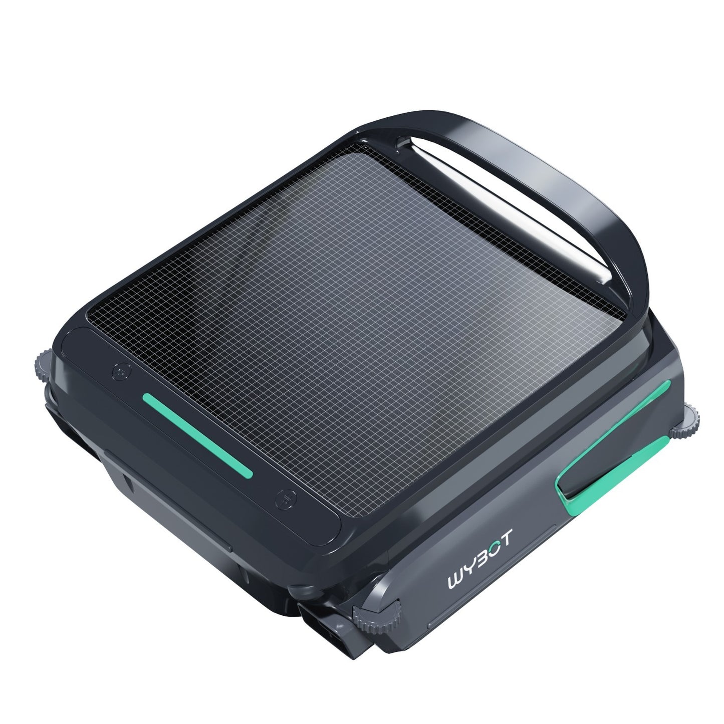 Isometric view of the WYBOT F1 solar robotic pool skimmer highlighting the side propulsion jets and EdgeMaster obstacle avoidance sensors.