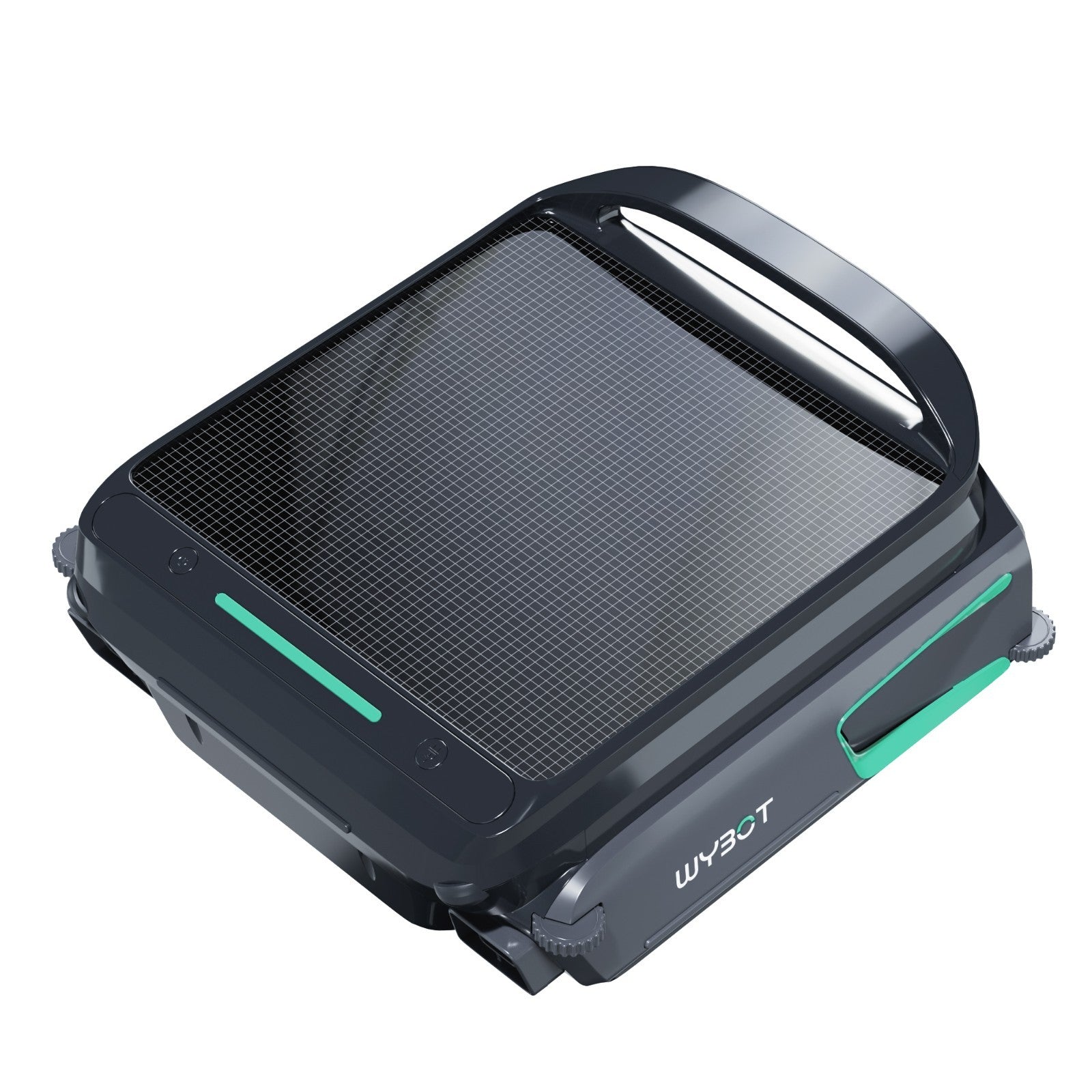 Isometric view of the WYBOT F1 solar robotic pool skimmer highlighting the side propulsion jets and EdgeMaster obstacle avoidance sensors.