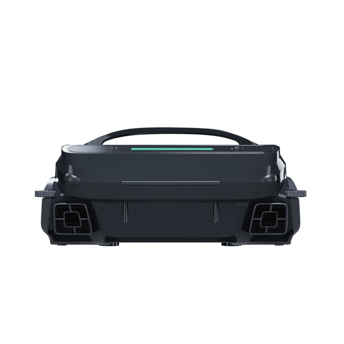 Front view of the WYBOT F1 solar robotic pool skimmer showing the wide debris intake mouth and obstacle avoidance sensors.
