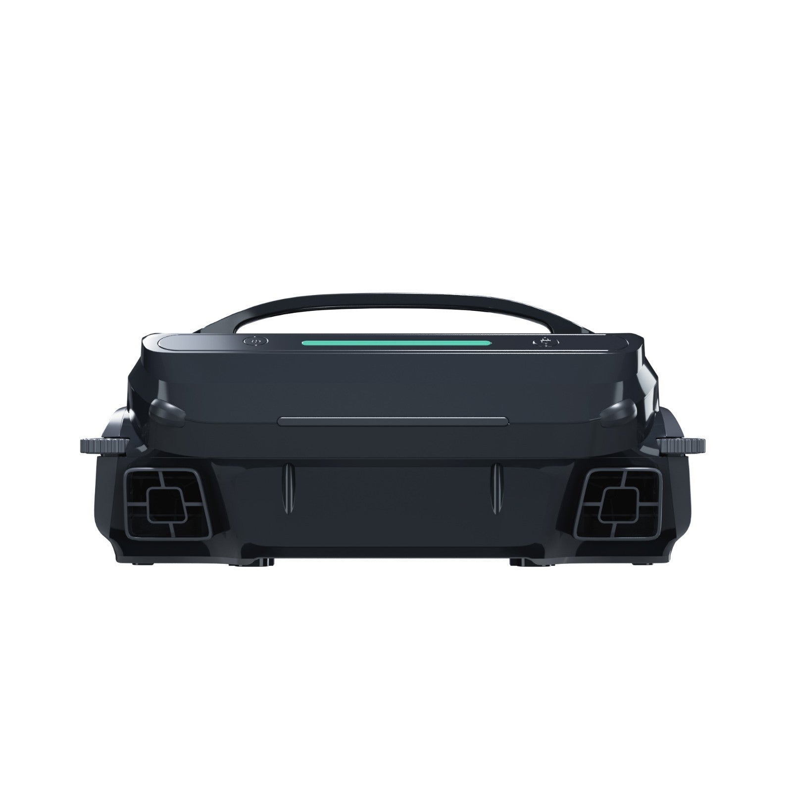 Front view of the WYBOT F1 solar robotic pool skimmer showing the wide debris intake mouth and obstacle avoidance sensors.