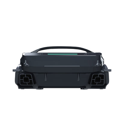 Front view of the WYBOT F1 solar robotic pool skimmer showing the wide debris intake mouth and obstacle avoidance sensors.