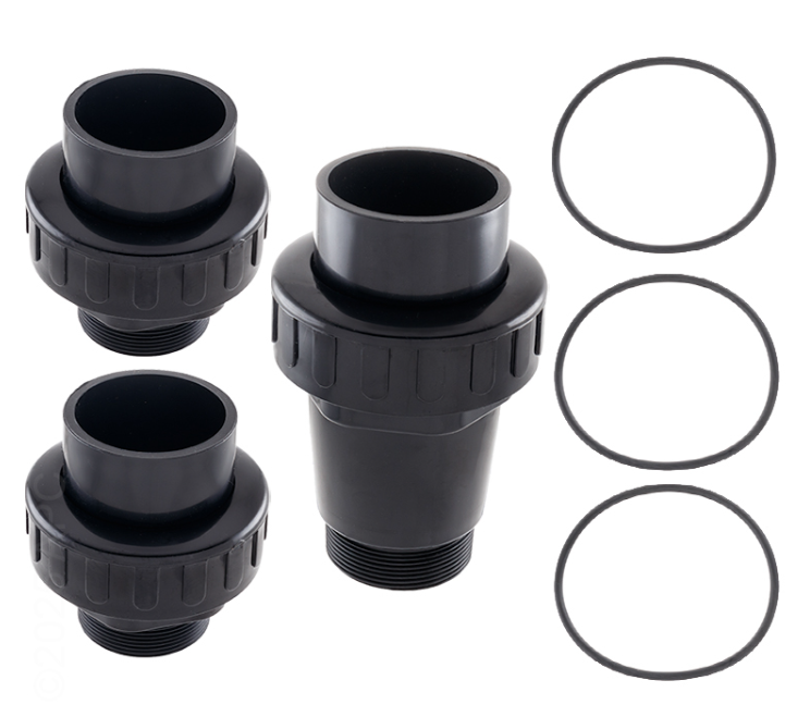 Zodiac Jandy R0746200 2-inch Union and Adapter Kit for SFTM series sand filters, including o-rings and threaded adapters.