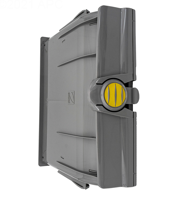 Front view of the Zodiac R0865100 inlet housing featuring the yellow locking latch for secure attachment to the filter canister.